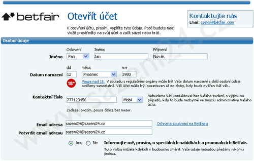 Registrační formulář - Betfire.com