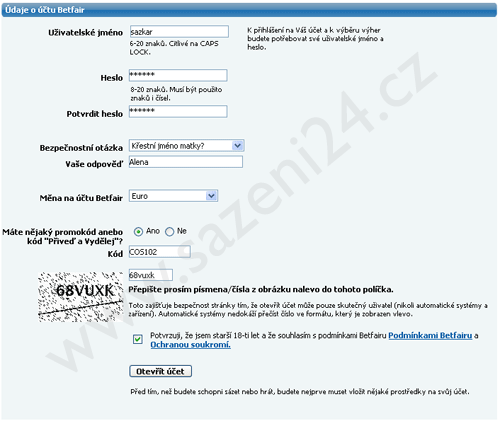 Registrační formulář - Betfire.com