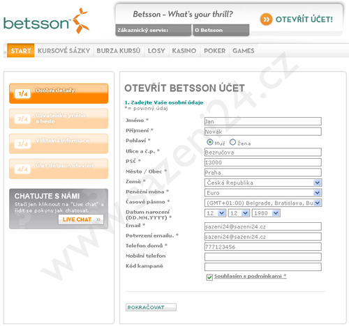 Registrační formulář - Betsson.com