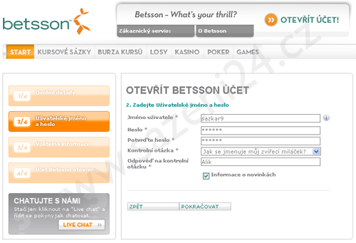 Registrační formulář - Betsson.com