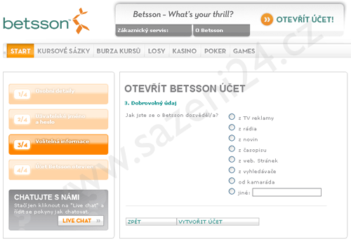 Registrační formulář - Betsson.com