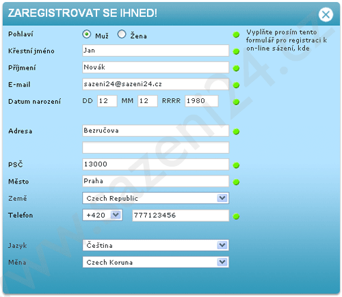 Registrační formulář - Betway