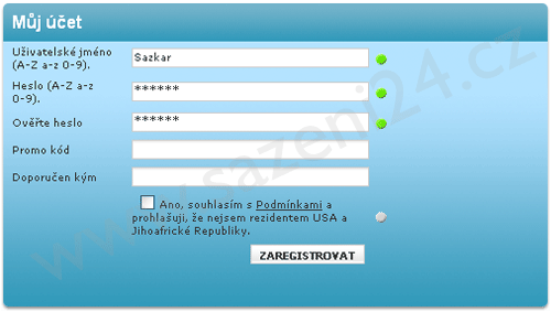 Registrační formulář - Betway