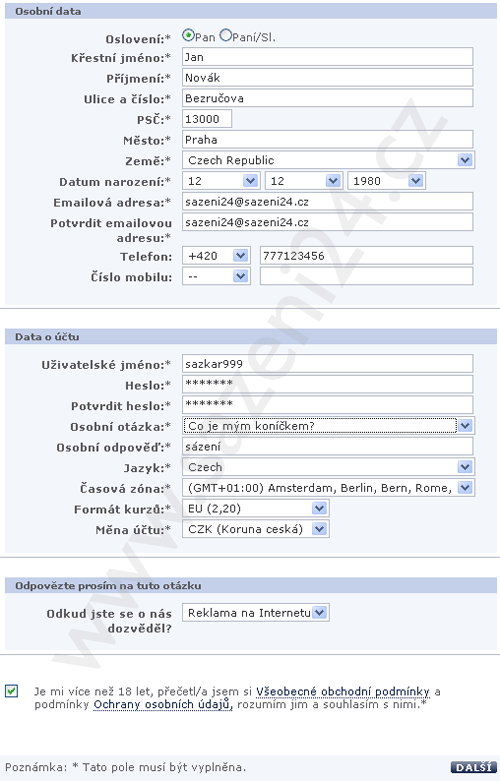 Registrační formulář - Interwetten