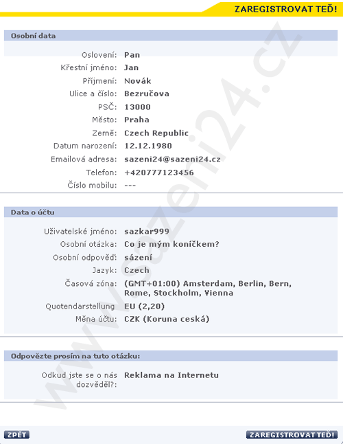 Registrační formulář - Interwetten
