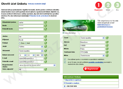 Registrační formulář - Unibet.com