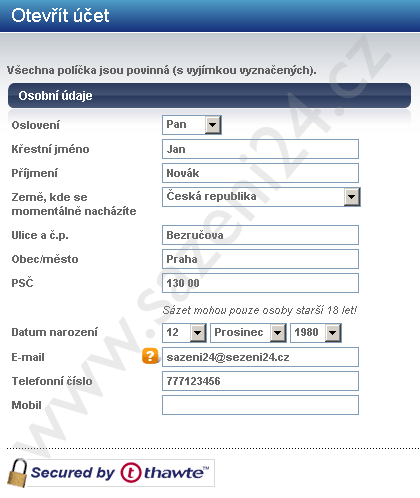 Sportingbet - registrační formulář
